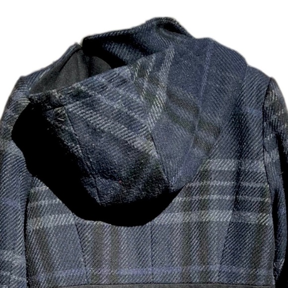 🌻GUESS Blue & Black Plaid Hooded Wool-Blend Trench Coat Jacket Size Medium - Picture 8 of 11